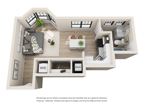 Floor plan for 1 bed, 1 bath, 365 sqft